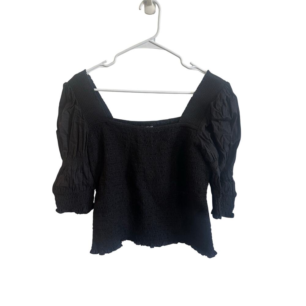 ME+EM Black Smocked Square-Neck Puff Sleeve Top